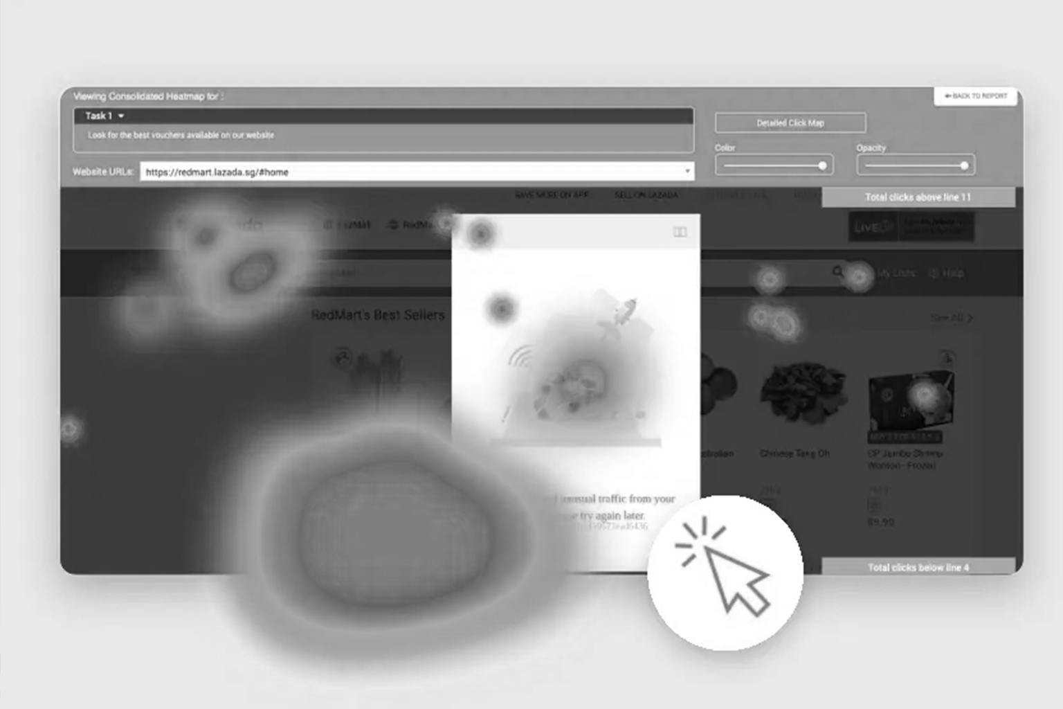 F-pattern heatmap overlay on a webpage layout showing user eye-tracking attention zones and scroll depth behavior — Webifii UX design audit