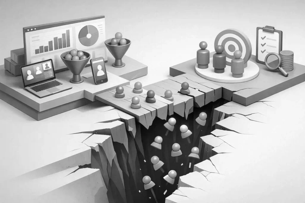 Infographic showing B2B lead leakage points across a digital sales funnel — form friction, page speed, and response latency gaps highlighted